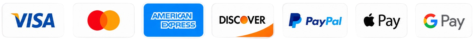 Visa, Mastercard, American Express, Discover, PayPal, Apple Pay, Google Pay